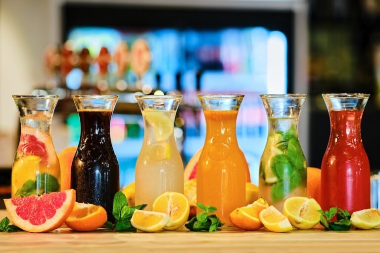 Assortment of cold lemonade on the barcounter (soft focus photo with shallow depth of field)